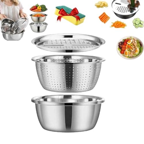 Image of Fast Prep Slicer Bowl, 3 in 1 Multipurpose Drain Basket Grater Basin Bowl, Germany Multifunctional Stainless Steel Basin Strainer, Perfect for Easy Salad Prep, Veggie Washing & Food Storage (26CM)