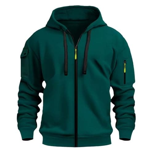 Image of Mens Hoodies Men's Zip Up Hoodie With Embroidered Badge Pocket Casual Pullover Sweatshirt For Outdoor Sports And Daily Wear (Green, XXXL)