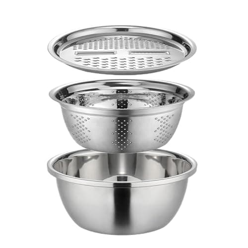 Image of German Multifunctional Stainless Steel Basin 3 In 1, Multifunctional Kitchen Grater, 3 In 1 Stainless Steel Colander Set With Mixing Bowl & Drainer For Cheese Grater, Fruit Vegetable Cutter Grater