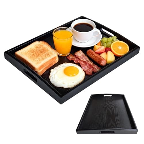 Image of Bamboo Serving Tray with Handles, 40x28x4cm Black Wooden Trays for Serving Large Wooden Food Tray for Kitchen Bathroom Party Tea Snack Dessert (Black)