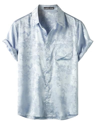 Image of PARKLEES Men's Silk Satin Shiny Jacquard Summer Short Sleeve Shirt Luxury Leisure Floral Button Down Shirt Light Blue Large