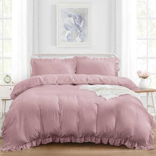 Image of King Duvet Cover Set Pink Ruffle Duvet Cover with 2 Pillowcase Soft Microfiber Bed Set Bedding Set for All Season 220x230 cm