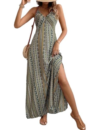 Image of LIAMERHE Women's Ethnic Maxi Dress Summer V-Neck Backless A-Line Sundress Spaghetti Strap Sleeveless Dresses Bohemian Ladies Casual Elegant Spring High Waist Slit Beachdress Green L