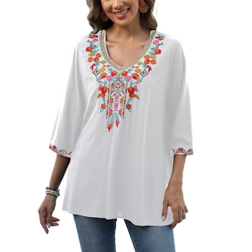 Image of Seasonal Women's Bohemian Tops Hippie Embroidered Shirt Mexican Fancy 3/4 Sleeve with V-Neck Blouses for Women(804,White-S)