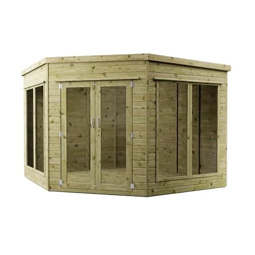Image of WALTONS | Wooden Corner Summerhouse | Shiplap Tongue & Groove | Garden Room | Flat Roof | Double Door | Outdoor Sun Room | 7ft 8ft 9ft | 10 Year Anti Rot Guarantee | (9ft x 9ft)