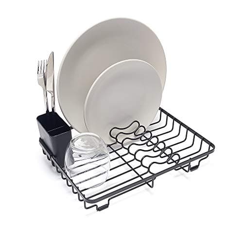 Image of simplywire – Compact Dish Drainer – Plate Drying Rack with Cutlery Basket – Small - Black Powder Coated Steel