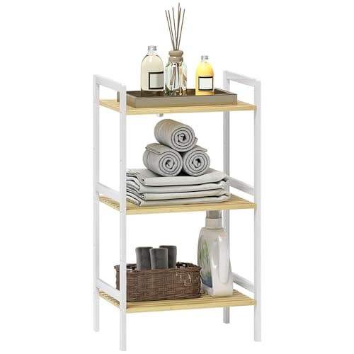 Image of HOMCOM 3-Tier Bamboo Bathroom Storage Shelf, Freestanding Shelving Unit with Adjustable Rack for Kitchen Bathroom Living Room, Natural and White