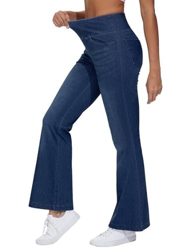 Image of THE GYM PEOPLE Women's Wide Leg Trousers High Waisted Stretchy Tummy Control Flared Jeans Pull on Bell Bottom Jeggings with Pockets Dark Blue