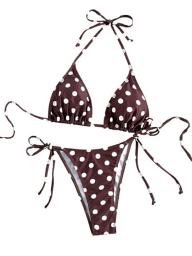 Image of GORGLITTER Women's Polka Dots Bikini Sets 2 Piece Halter Triangle String Cheeky Swimsuits Summer Tie Side Swimwear Brown M