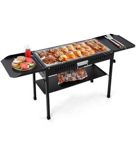 Image of Warmiehomy Barbecue Grill, Portable Charcoal BBQ Grill, Lightweight Stainless Steel Barbecue Grill, Folding Side Tables & Detachable Legs, Outdoor Charcoal BBQ for Camping, Picnic, Garden (Black)