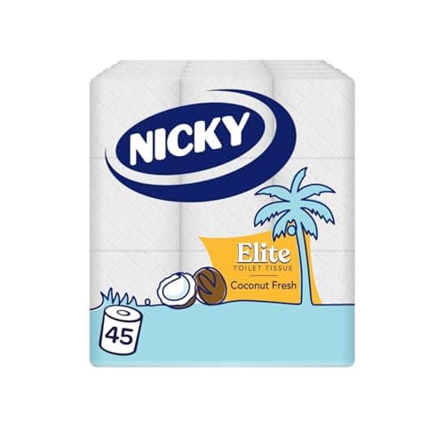 Image of Nicky Elite Coconut Fresh Toilet Tissue - 45 Rolls of White Toilet Paper, 168 Sheets per Roll, 3-Ply, Exotic Coconut Scent, Softeness and Comfort to The Skin, 100% FSC Certified Paper, Easy Open Pack