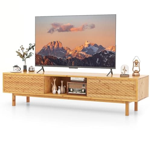 Image of COSTWAY TV Stand for TVs up to 70 Inches, Bamboo TV Cabinet Media Entertainment Center with Sliding Doors and 3 Storage Compartments, 160cm TV Unit Console Table for Living Room Bedroom, Natural