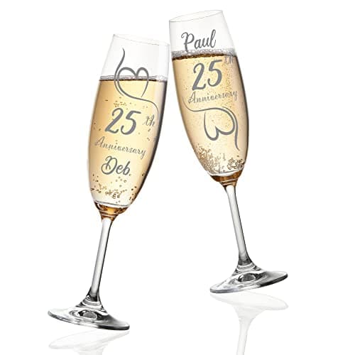 Image of Always Looking Good Personalised Silver Wedding Anniversary Set of 2 Champagne Flute Glasses - 25th Wedding Engraved Glasses With Chocolate Hearts Design (Empty)