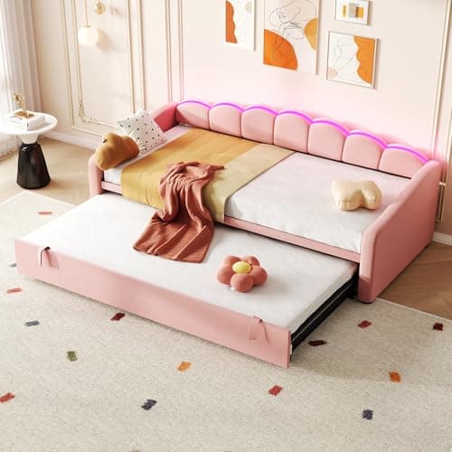 Image of RIAZOS 3ft Single Upholstered Bed 90x190cm, Daybed Sofa Bed with RGB LED Lighting, Petal Shape Pull out Trundle Bed for Living Room/Bedroom/Study Room, Velvet, Pink, No Mattress