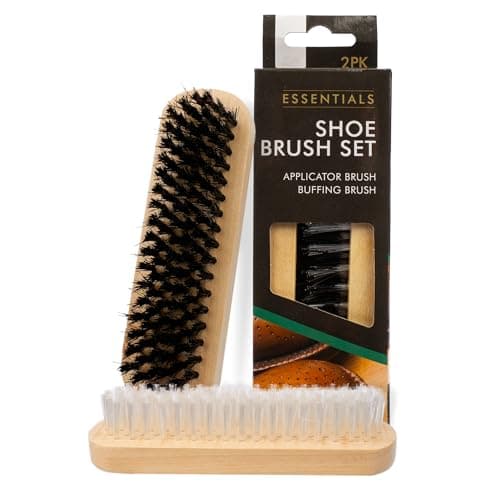 Image of 2 Shoe Brush Set - Traditional Wooden Handle Brushes For Cleaning, Polishing Leather Shoes & Boots, Buffing, Soft & Stiff Bristles