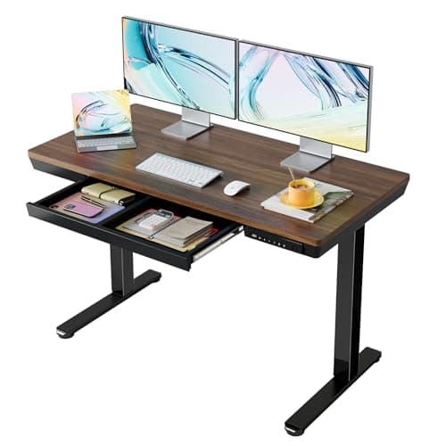 Image of HUANUO ONE PIECE Electric Standing Desk, Height Adjustable Desk with Drawer, 120 x 60cm, Sit Stand Desk with USB Charging Ports & 3 Memory Height Settings, Home Office