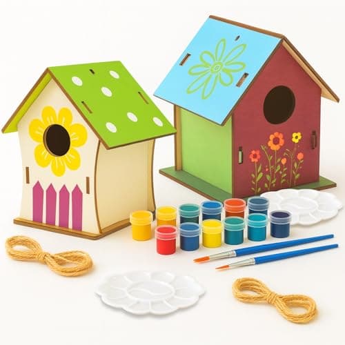 Image of 2 Pack DIY Bird House Kit, Paint Your Own Wooden Birdhouse Craft Set with Paints, Brushes and Hanging String, Creative Arts and Crafts Activity for Home, Garden