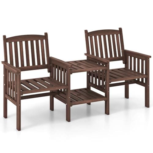 Image of SFAREST Wooden Garden Loveseat, Solid Wood Bench Seat with 2 Tier Coffee Table & Built-in Umbrella Hole, Outdoor Patio Chairs Conversation Furniture Set for Backyard Porch (Brown, 165 x 60 x 88 cm)