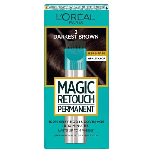 Image of L'Oréal Paris Magic Retouch Instant Root Spray, Darkest Brown 3. Ensures flawless coverage for grey regrowth in 3 seconds. This 75ml spray offers a quick, easy, natural-looking root touch-up.