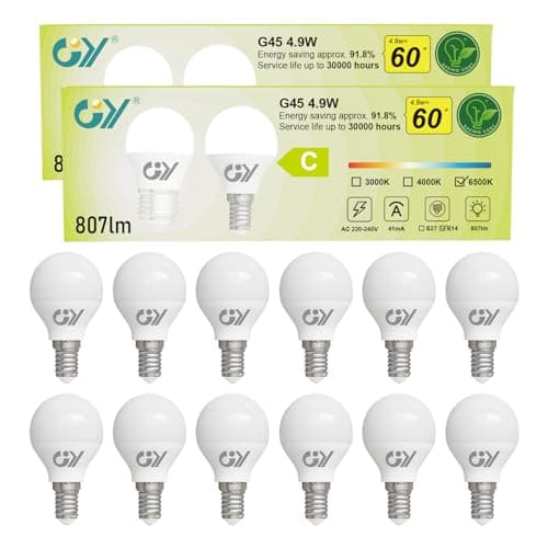 Image of GY E14 LED Bulbs Cool White G45 Energy Efficient, 4.9W 6500K 807 Lumen Energy Saving Replaces 60W, 280° Non-dimmable, 12 Pack