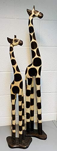 Image of My Family House Wooden Giraffe Statue in Brown - Hand Carved Wood Animal Figurine - 80 cm