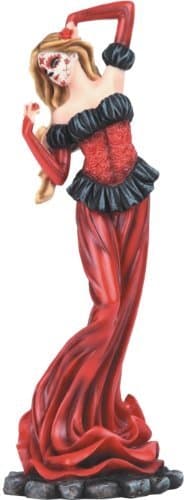 Image of 10.25 Inch Sugar Skull Women in Red Dress Figurine with Roses Dia de Los Muertos