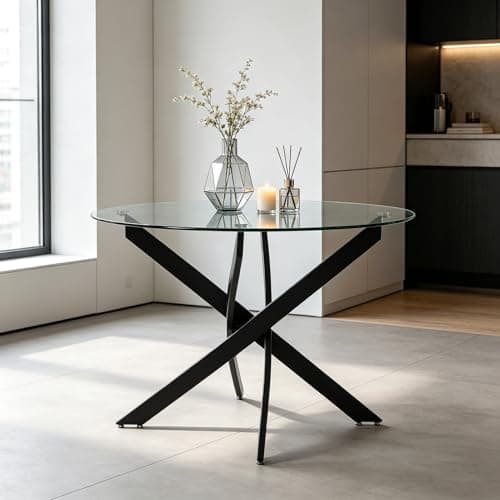 Image of Warmiehomy Tempered Glass Round Dining Table 80cm Kitchen Table for 4 People, Modern Small Dinner Tables for Home Dining Room, Living Room, Office, Receptions
