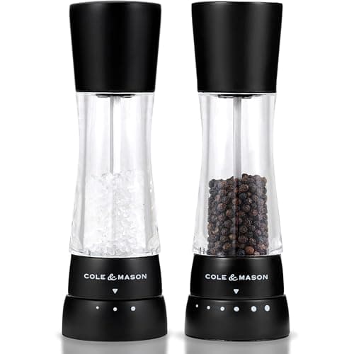 Image of Cole & Mason Derwent Salt and Pepper Mills, Adjustable Grind Settings, Gourmet Precision+, Matt Black/Acrylic, 190 mm, Gift Set, Includes 2 x Salt and Pepper Grinders