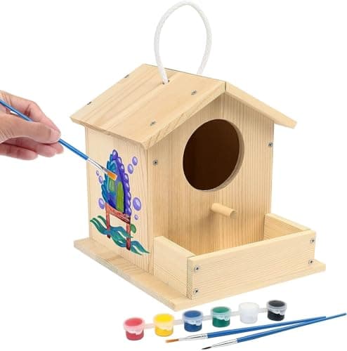 Image of LotFancy Bird House Kits for Kids, DIY Wooden Birdhouse Building Kit, Bird Box Arts and Crafts for Kids and Adults to Build and Paint, Including Paints and Brushes