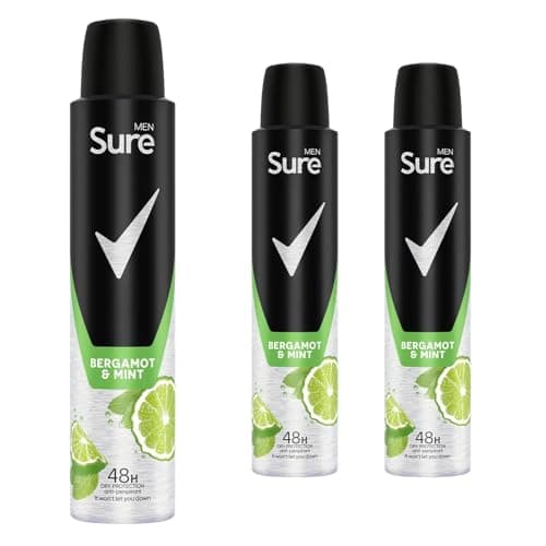 Image of Sure Men Anti Perspirant Deodorant Bergamot & Mint, Pack of 3, Alcohol Free Deodorant Spray for Men with energising scent Provides 48-Hour Odour Control, 200ml