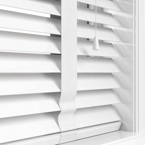 Image of Funky Gadgets Faux Wood Blinds Wooden Grain window Venetian Blind 50mm Horizontal Smooth Slats with Tape White Silver/Grey TRIMMABLE Child Safe (White, W114cmxL150cm)