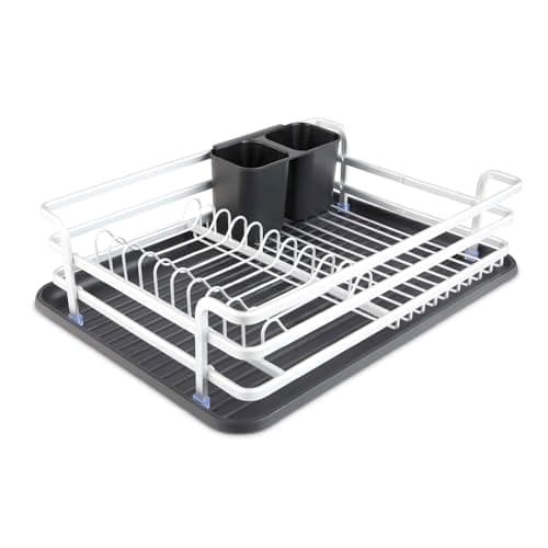 Image of Tower Aluminium Dishrack with Removable Cutlery Holder, Removable Rack & Drip-Tray, Stainless Steel, T814006BLK