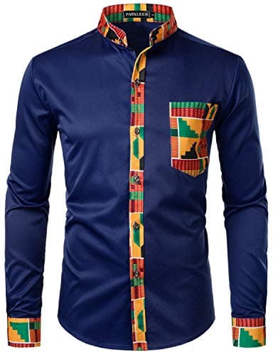 Image of PARKLEES Men's African Dashiki Tribal Graphic Patchwork Long Sleeve Printed Grandad Collar Shirt PZZCL46 Navy XL
