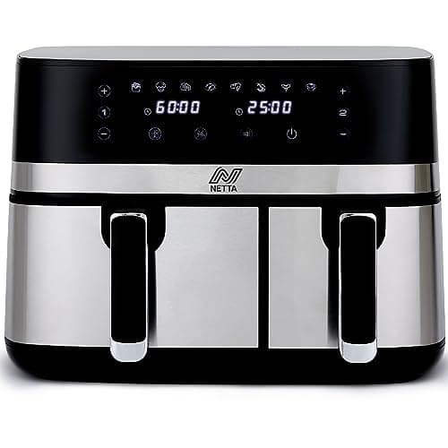 Image of NETTA 9L Dual Basket Drawer Air Fryer with Digital Smart Programmes Double XL Family Size Small and Large Drawer - Black
