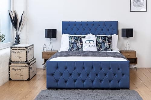 Image of ADELINE WATERSON Arabella Upholstered Bed - Plush Velvet Headboard & Footboard - Slats Base - Elegant & Comfortable - Blue - Super King - without Mattress