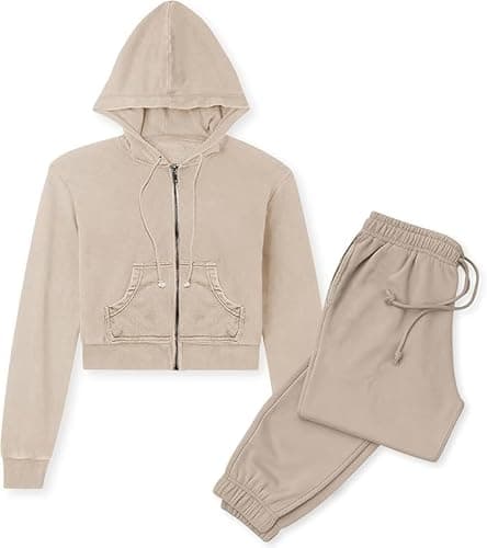 Image of StylerStreet Girls Tracsuit Pant Bottom, Crooped Hoddie & Tracksuit set 1,2 Pack Terry Cotton Activewear (UK, Age, 11 Years, 12 Years, Regular, 1 Tracksuit Set_Beige)