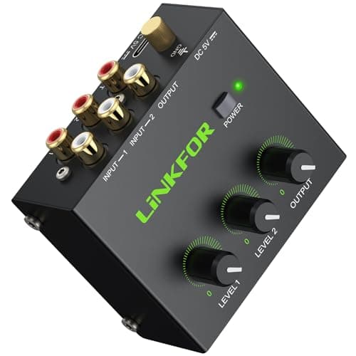 Image of LiNKFOR 2-Channel RCA Audio Mixer - Powered Stereo Mixer with Independent & Master Volume Control Gold-Plated RCA Connectors, Compact Audio Mixer for Amplifiers and Speakers with Power Supply