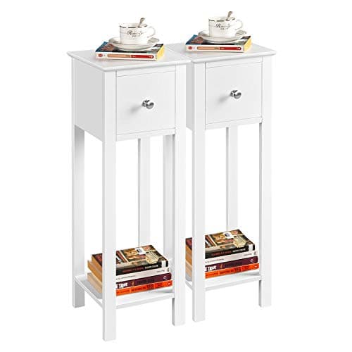 Image of Yaheetech White Slim Bedside Table Set of 2, Narrow Wooden Nightstand with Drawer & Shelf, Tall Telephone Sidetable for Bedroom Living Room Hallway, 25x25x70cm