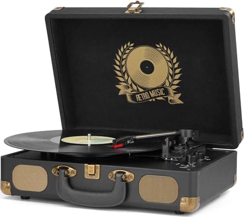 Image of Vinyl Record Player, USB Recording Turntable Bluetooth 3-Speed Portable Vintage Suitcase with Built-in Speakers, RCA Line Out AUX in Headphone Jack Digital vinyl to MP3, Black