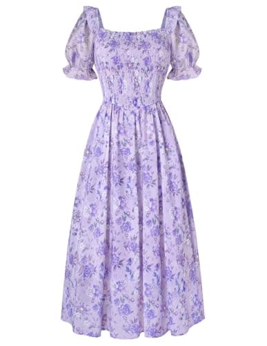 Image of Scarlet Darkness Women's Cottagecore Dress Puff Sleeve Square Neck Flowy Smocked Maxi Dress, Misty Lilac, S