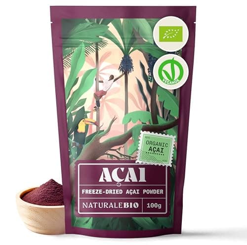 Image of NaturaleBio Organic Acai Berries Powder - Freeze-Dried - 100g. Brazilian Acai, Lyophilised, Raw. Extract from Açai Berry Pulp. Vegan & Vegetarian Friendly