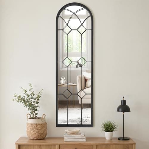 Image of Warmiehomy Arched Window Mirror Garden Outdoor Wall Mirror with Metal Frame for Courtyard,Living Room,Hallway Decor(30x100cm, Black-3)