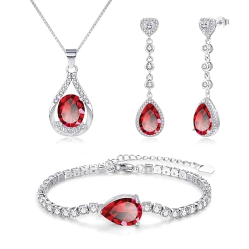 Image of Zecimi Silver Jewellery Set, 45cm Drop Necklace + Drop Earrings + Bracelet for Women, Water Drop 925 Sterling Silver Women's Jewellery Sets with Red AAAAA Zirconia, Wedding Jewellery Gifts for Bride