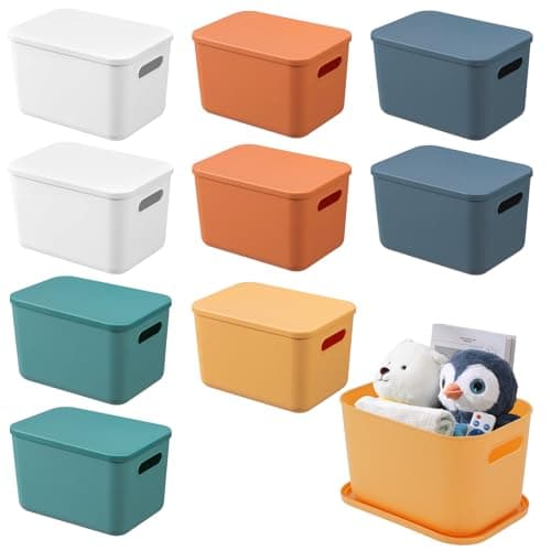 Image of BOJVESH 10PCS Storage Bins with Lids, Closet Organizers and Storage in 5 Colors, Stackable Plastic Baskets with Handles, Premium Storage Cubes for Bathroom, Kitchens, Offices, 9.8x7.1x6.3 Inch