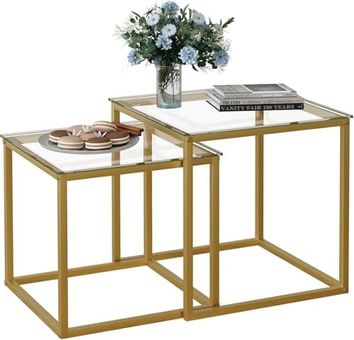 Image of Huhote Nesting Tables, Set of 2 End Table, Coffee Tables, Side Table with Metal Frame for Living Room/Bedroom/Balcony/Office/Apartment, Diameter 50/45 cm (Gold Frame, Glass Top)