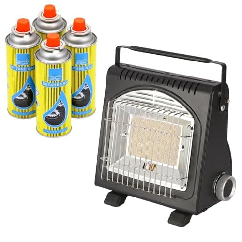 Image of Portable Butane Heater 1.7kW - Compact Outdoor Gas With Piezoelectric Ignition - Infrared Ceramic Burner, Lightweight Camping Emergency Outdoor Heating (Heater + 4 Canisters)