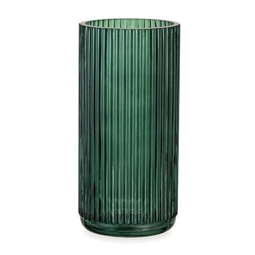Image of Green Vase Glass Vase for Flowers: Hewory 20cm Large Vase Ribbed Flower Vases for Living Room - Tall Glass Vases for Decor Table Centrepiece Home Decoration