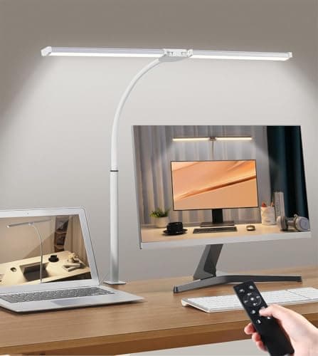 Image of Desk Lamp with Clamp, Double Head Desk Light with Remote Control, 5 Lighting Modes & 10 Brightness Levels Clip-On Desk Lamp with Power Adapter, Eye-Caring Table Lamp, LED Monitor Light, White