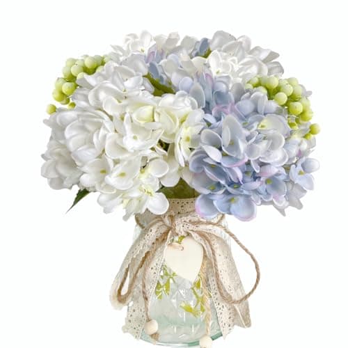 Image of Faux Hydrangeas in Glass Vase, Artificial Fake Flower Silk Hydrangea Bouquet with Vase, Table Centerpiece Decorations Wedding Bouquets for Party Office Farmhouse Kitchen Home Decor (Blue& White)