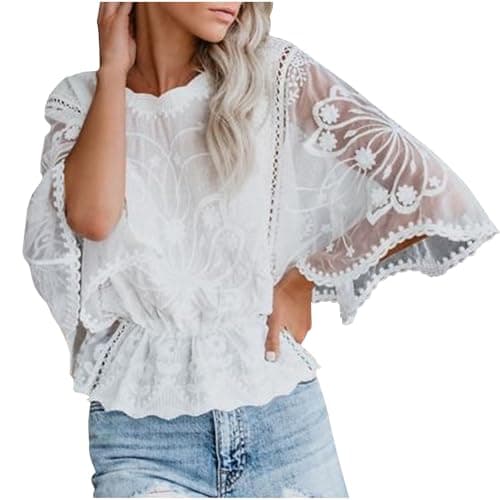 Image of Blouse Tops for Women UK Party Flowy Long Sleeve Tunic Blouses Peplum Tops Floral Embroidery Chiffon Casual Shirts Elastic Waist Hem Pullover Holiday Vacation01 White XXL
